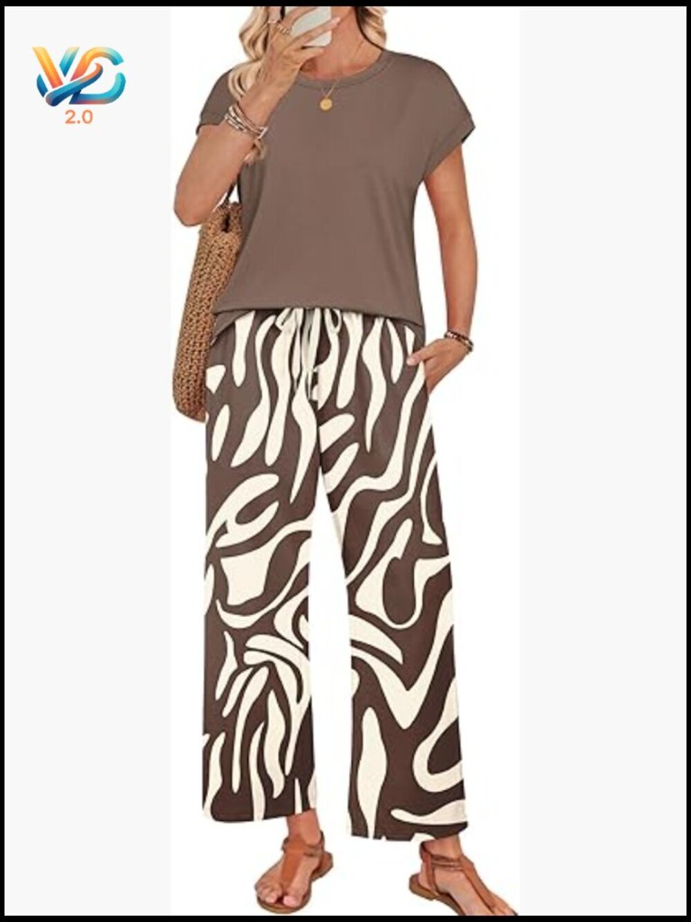 Two Piece Lounge Set Summer Vacation Travel Outfit Wide Leg Pants Cap Sleeve Top